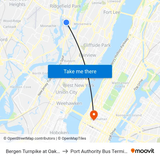 Bergen Turnpike at Oak St to Port Authority Bus Terminal map