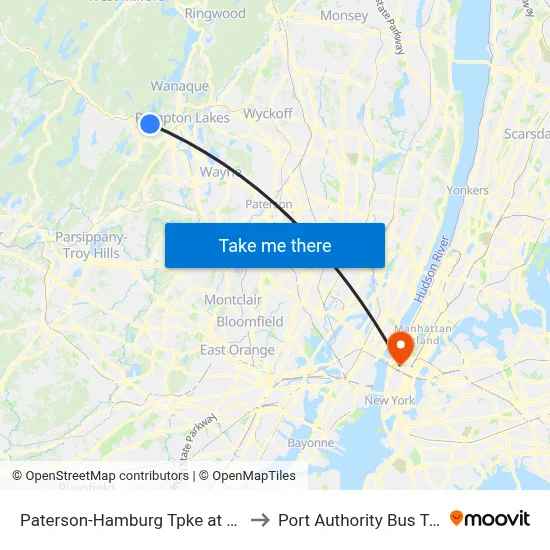Paterson-Hamburg Tpke at Union Ave to Port Authority Bus Terminal map