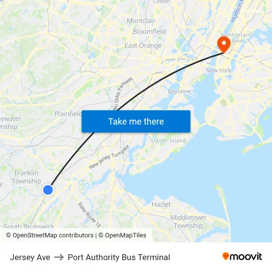Jersey Ave to Port Authority Bus Terminal map