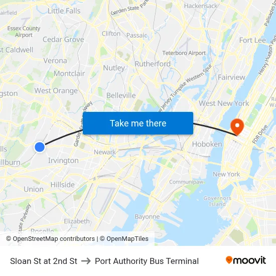 Sloan St at 2nd St to Port Authority Bus Terminal map