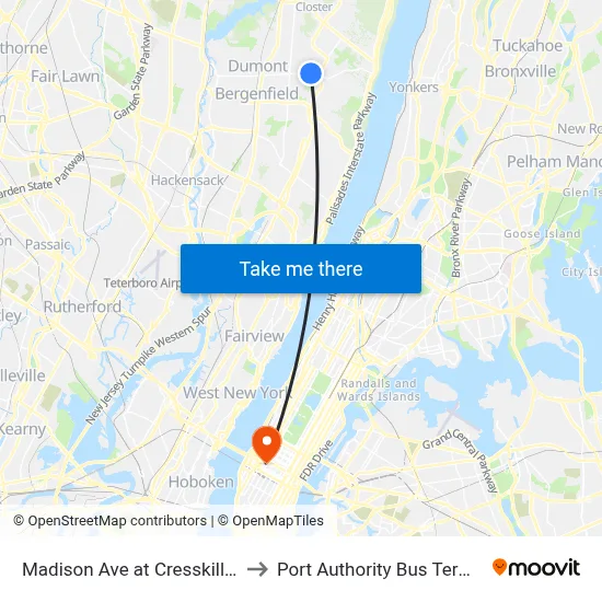 Madison Ave at Cresskill Ave to Port Authority Bus Terminal map