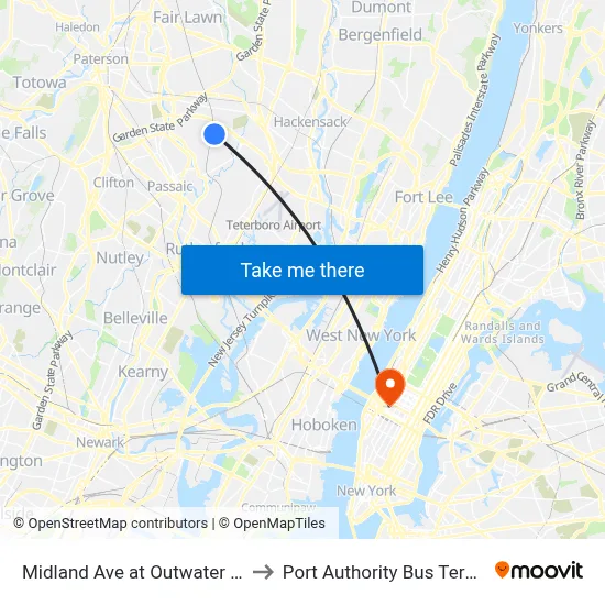 Midland Ave at Outwater Lane to Port Authority Bus Terminal map