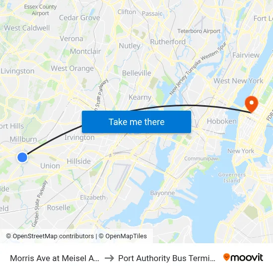 Morris Ave at Meisel Ave to Port Authority Bus Terminal map