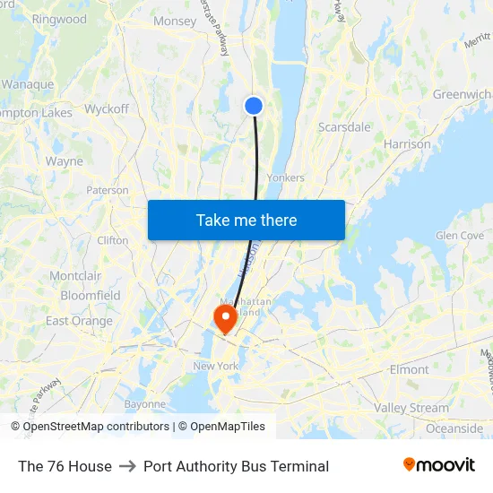 The 76 House to Port Authority Bus Terminal map