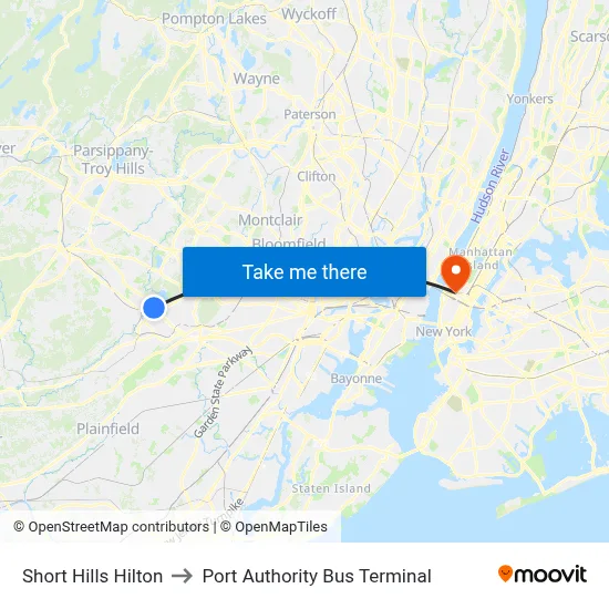 Short Hills Hilton to Port Authority Bus Terminal map