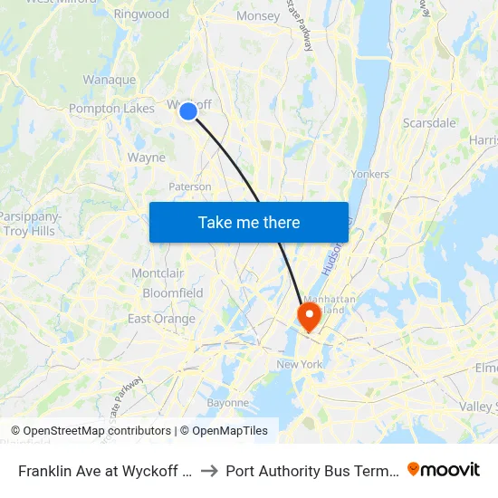 Franklin Ave at Wyckoff Ave to Port Authority Bus Terminal map