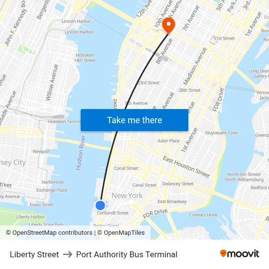 Liberty Street to Port Authority Bus Terminal map