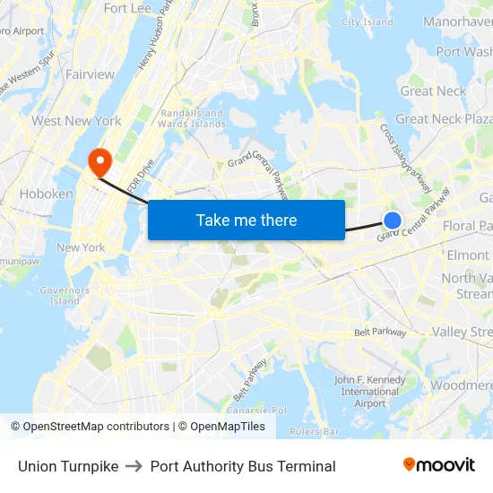 Union Turnpike to Port Authority Bus Terminal map