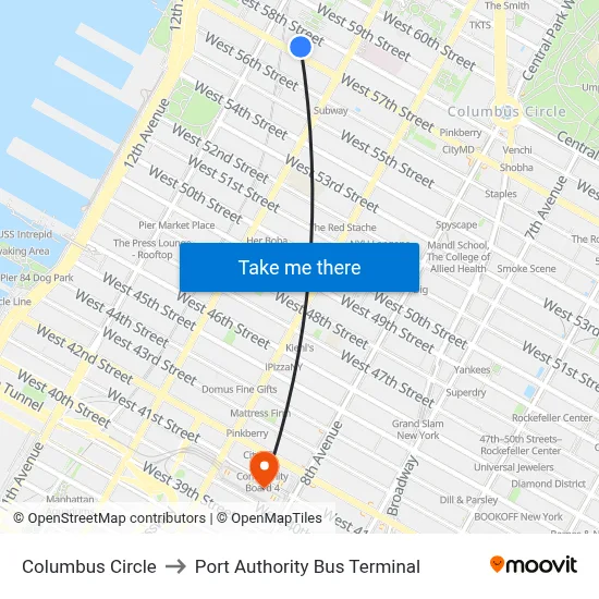 Columbus Circle to Port Authority Bus Terminal map