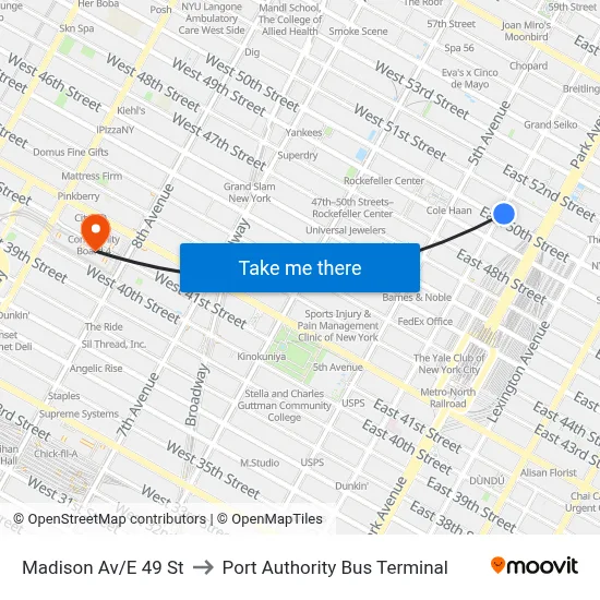Madison Av/E 49 St to Port Authority Bus Terminal map