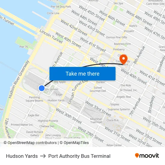 Hudson Yards to Port Authority Bus Terminal map