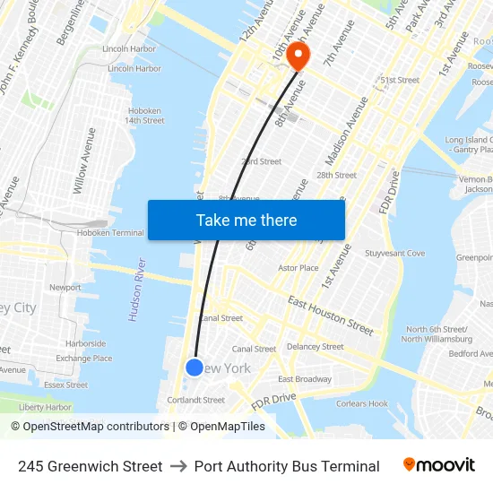 245 Greenwich Street to Port Authority Bus Terminal map