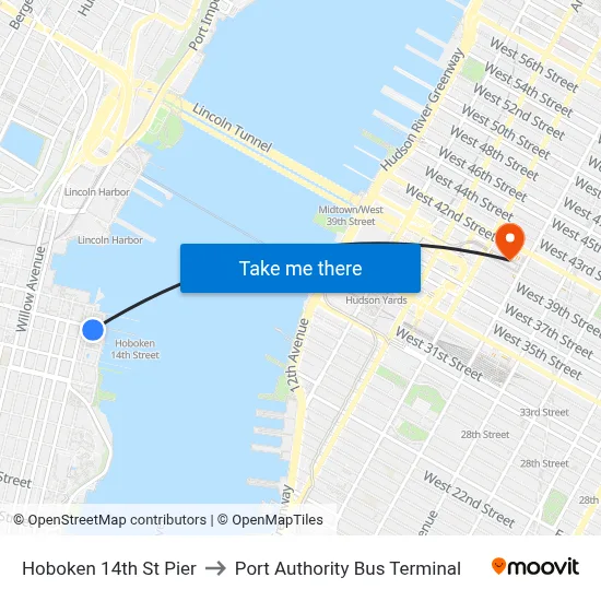 Hoboken 14th St Pier to Port Authority Bus Terminal map
