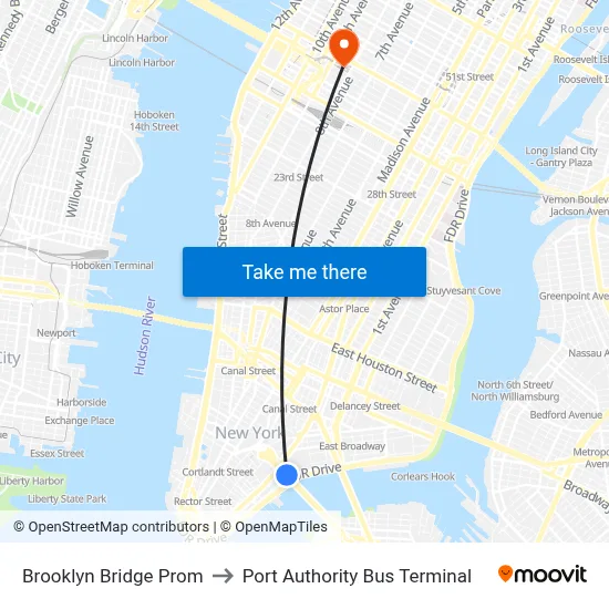 Brooklyn Bridge Prom to Port Authority Bus Terminal map