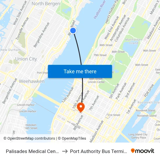 Palisades Medical Center, 7600 River Rd to Port Authority Bus Terminal map
