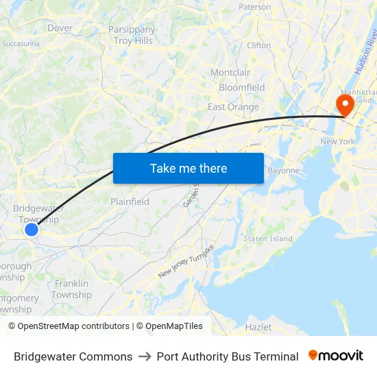 Bridgewater Commons to Port Authority Bus Terminal map
