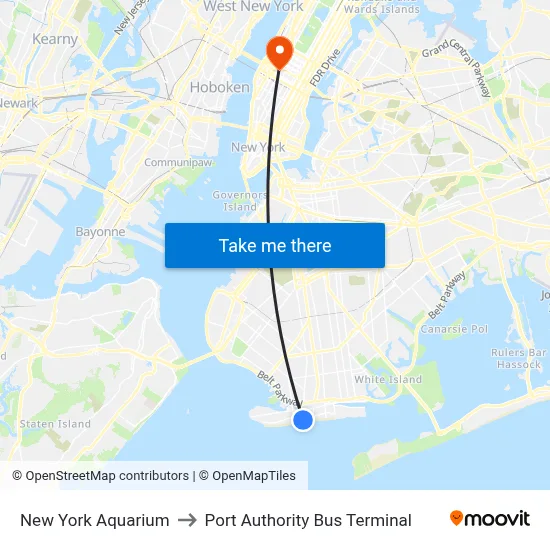 New York Aquarium to Port Authority Bus Terminal map