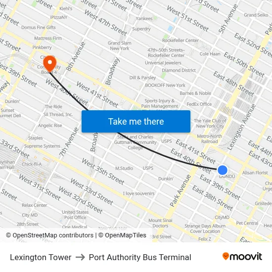 Lexington Tower to Port Authority Bus Terminal map