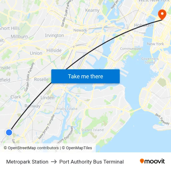 Metropark Station to Port Authority Bus Terminal map