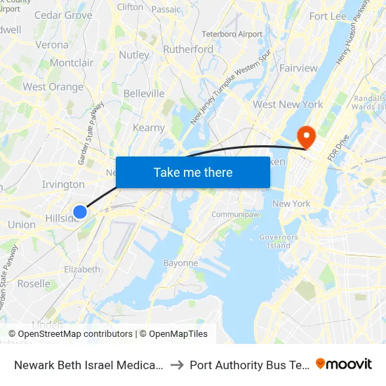 Newark Beth Israel Medical Center to Port Authority Bus Terminal map