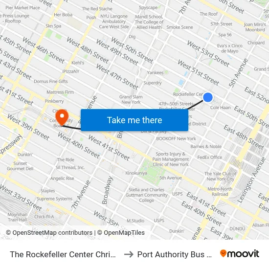 The Rockefeller Center Christmas Tree to Port Authority Bus Terminal map
