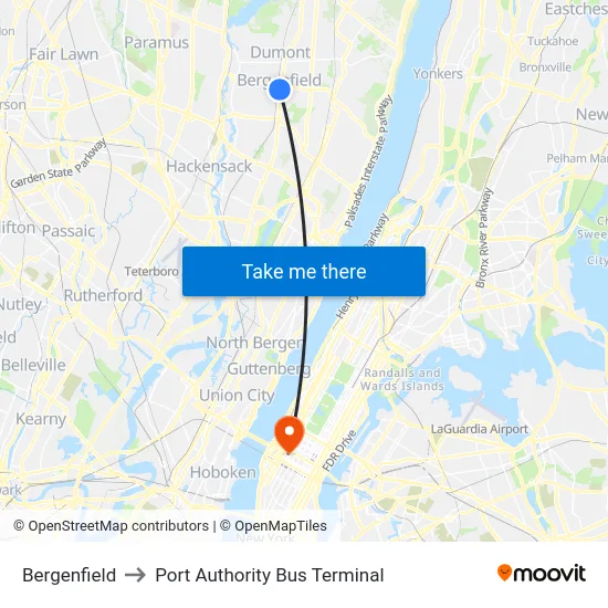 Bergenfield to Port Authority Bus Terminal map
