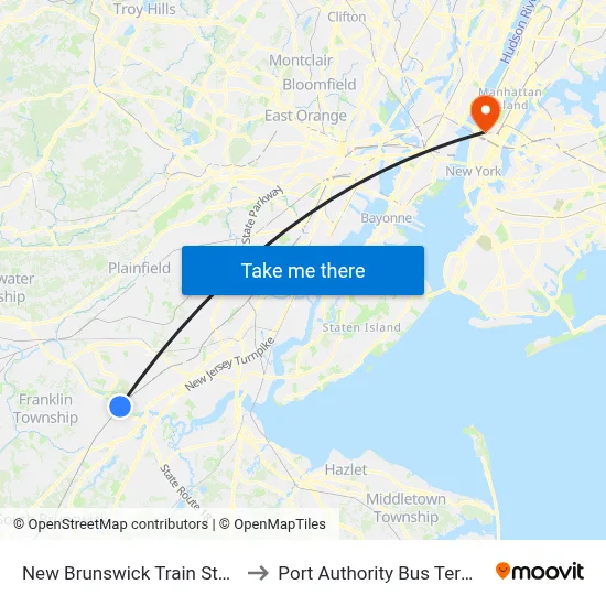 New Brunswick Train Station to Port Authority Bus Terminal map