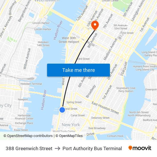 388 Greenwich Street to Port Authority Bus Terminal map