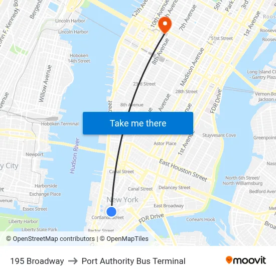 195 Broadway to Port Authority Bus Terminal map