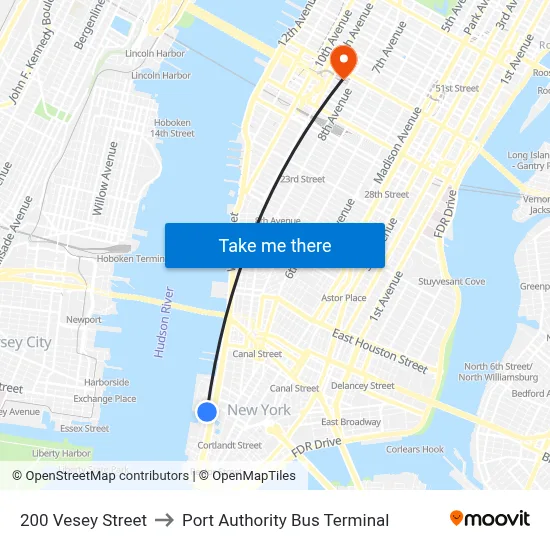 200 Vesey Street to Port Authority Bus Terminal map