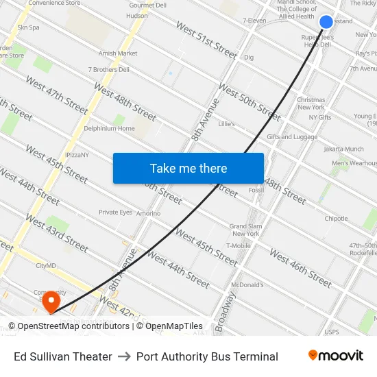 Ed Sullivan Theater to Port Authority Bus Terminal map