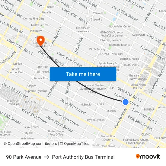 90 Park Avenue to Port Authority Bus Terminal map
