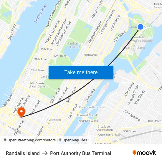 Randalls Island to Port Authority Bus Terminal map