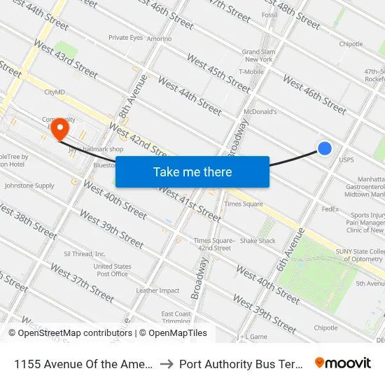 1155 Avenue Of the Americas to Port Authority Bus Terminal map