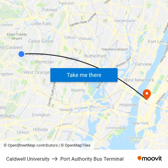 Caldwell University to Port Authority Bus Terminal map