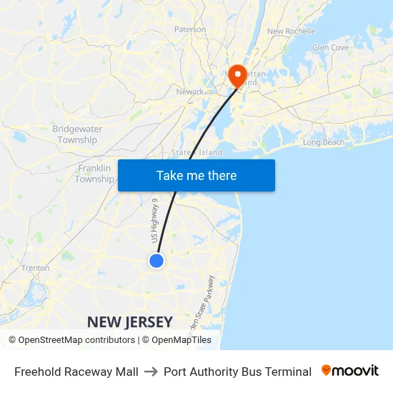 Freehold Raceway Mall to Port Authority Bus Terminal map