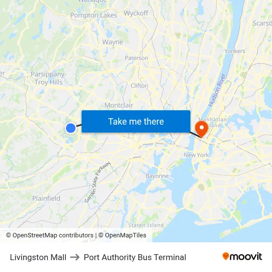 Livingston Mall to Port Authority Bus Terminal map