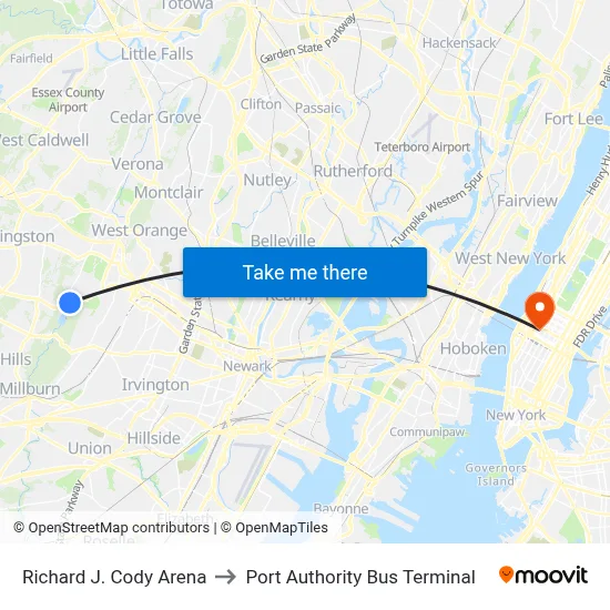 Richard J. Cody Arena to Port Authority Bus Terminal map