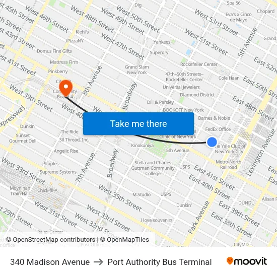 340 Madison Avenue to Port Authority Bus Terminal map