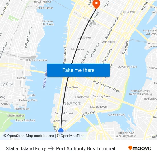 Staten Island Ferry to Port Authority Bus Terminal map