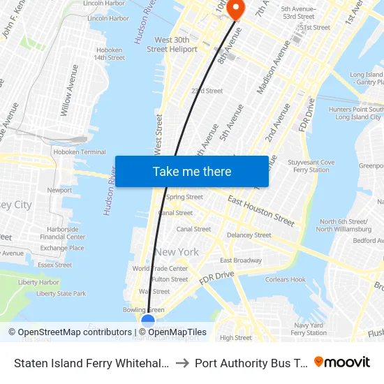 Staten Island Ferry Whitehall Terminal to Port Authority Bus Terminal map