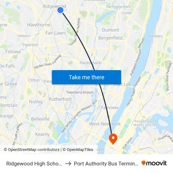 Ridgewood High School to Port Authority Bus Terminal map