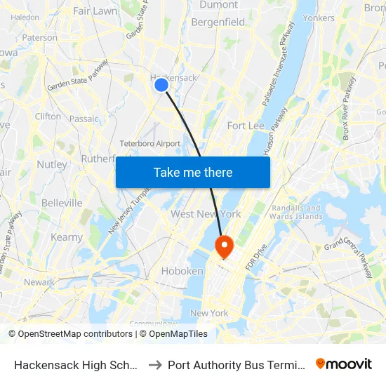 Hackensack High School to Port Authority Bus Terminal map