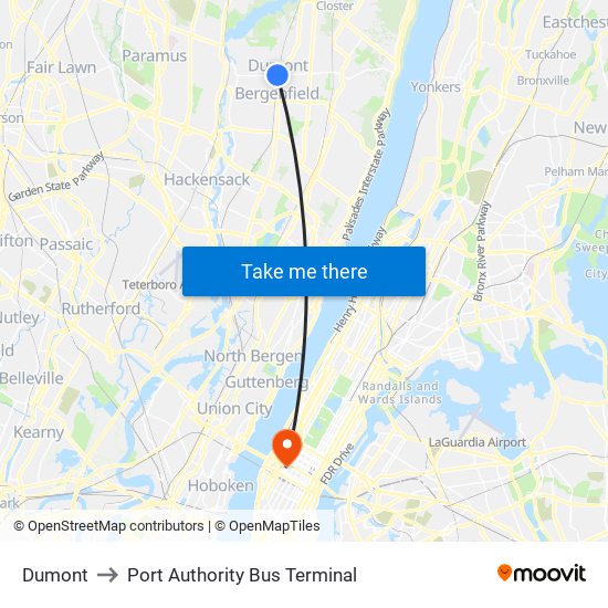 Dumont to Port Authority Bus Terminal map
