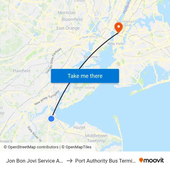 Jon Bon Jovi Service Area to Port Authority Bus Terminal map