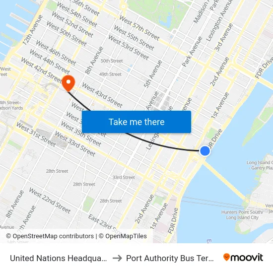 United Nations Headquarters to Port Authority Bus Terminal map