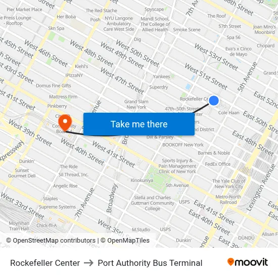 Rockefeller Center to Port Authority Bus Terminal map