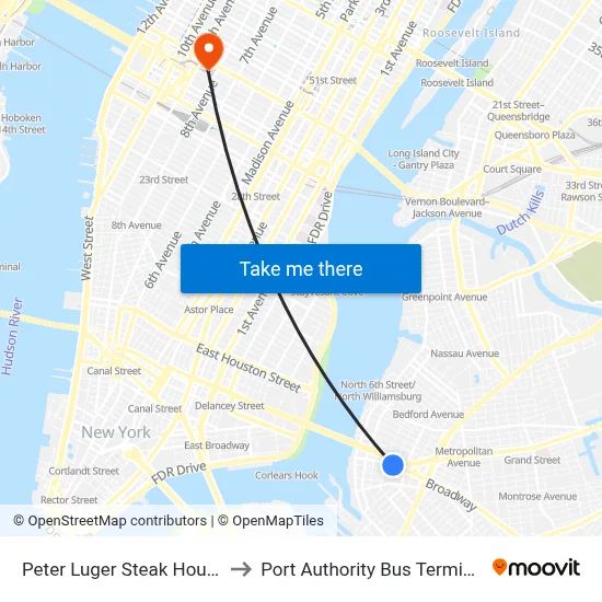 Peter Luger Steak House to Port Authority Bus Terminal map
