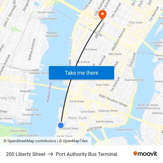 200 Liberty Street to Port Authority Bus Terminal map
