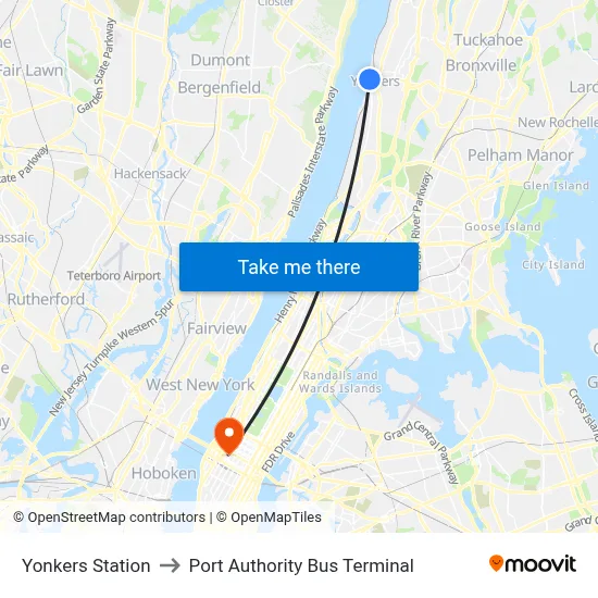 Yonkers Station to Port Authority Bus Terminal map
